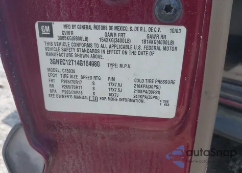 2004 Chevrolet Avalanche 1500 from USA, damaged, VIN 3GNEC12T14G154980